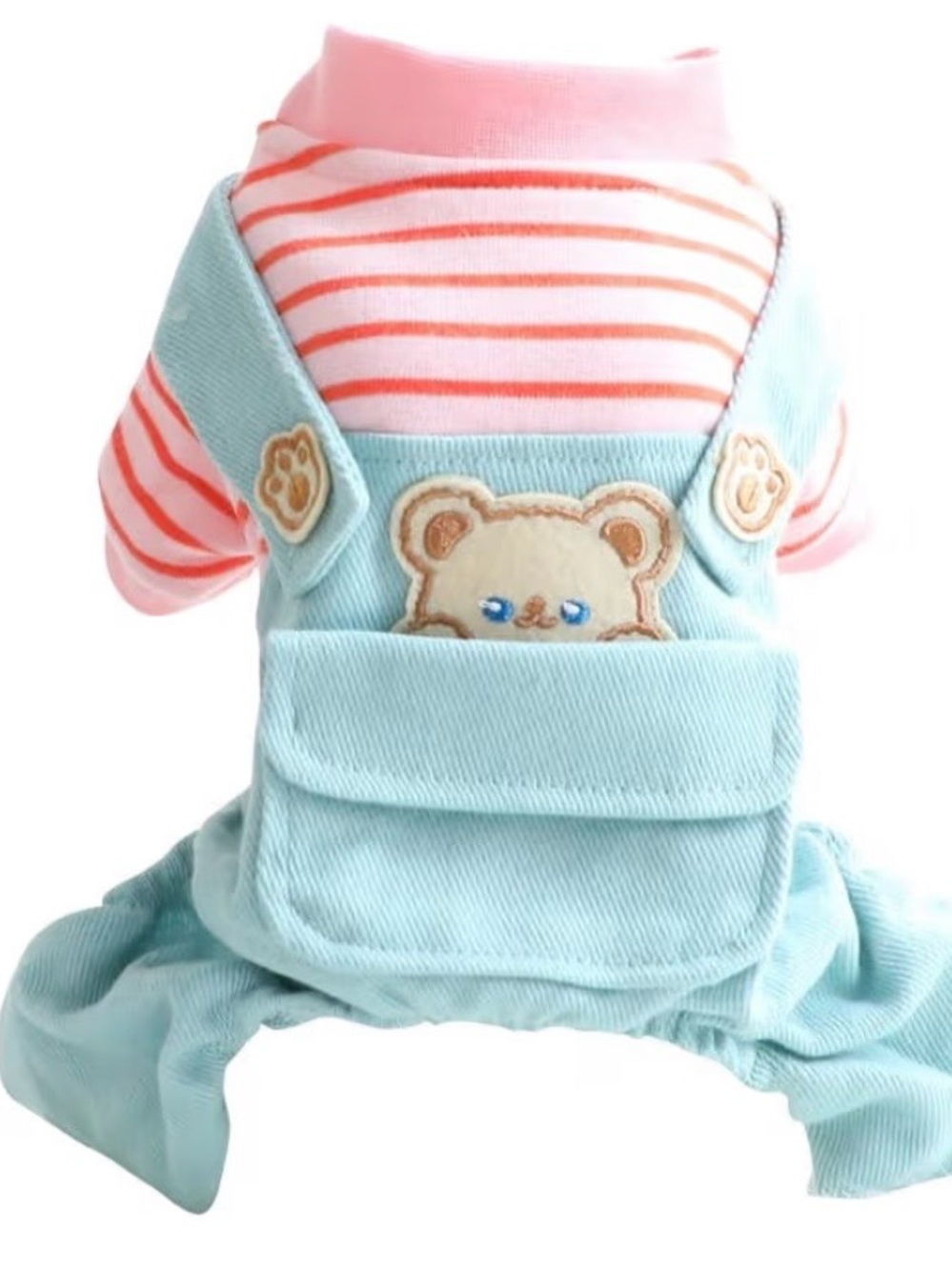 Cute puppy Teddy Stripe Tee with Blue Pinafore Overalls